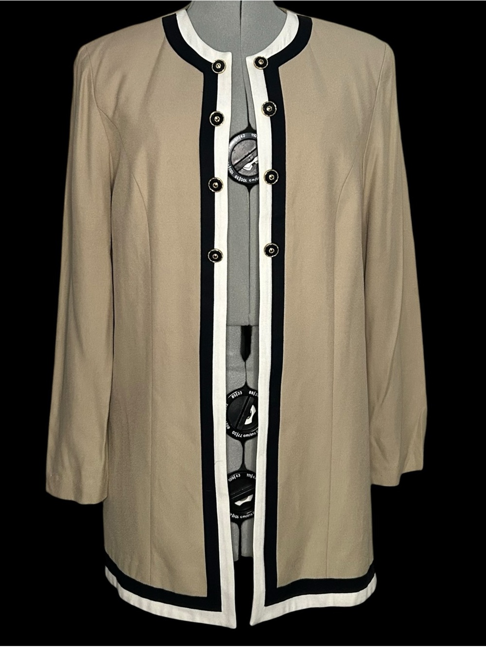 Vintage Long Tan Blazer with Black and White Stripes Size 14